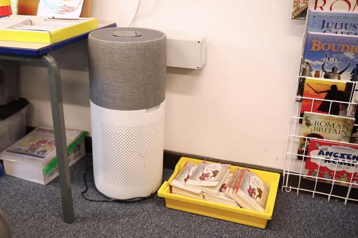 A HEPA filter in a classroom at Bowling Park Primary School in Bradford, UK
